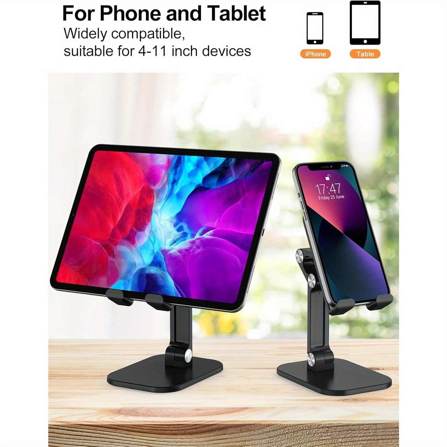 Phone Stand, Adjustable Height And Angle Foldable Cell Phone Stand Holder for Desk, Taller Iphone Stand Compatible with 4.7"-13" Smartphones Ipad Tablet, Black